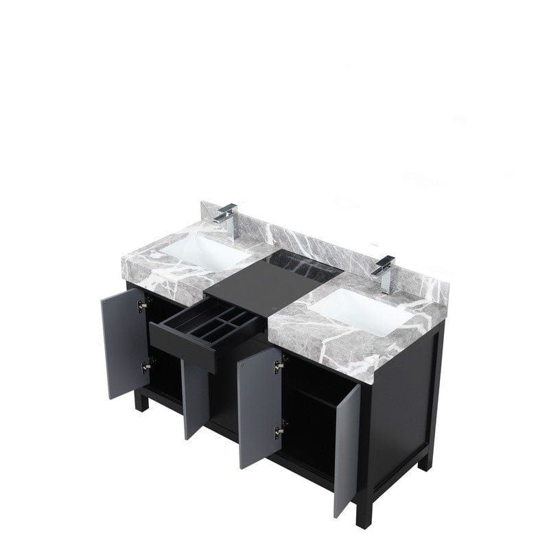 Zilara Transitional Black and Grey 55" Double Vanity, Monte Chrome Faucet Set | LZ342255SLISFMC
