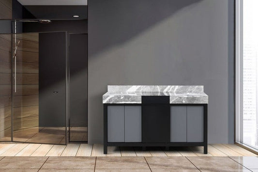 Zilara Transitional Black and Grey 60" Double Vanity, Castle Grey Marble Tops | LZ342260DLIS000