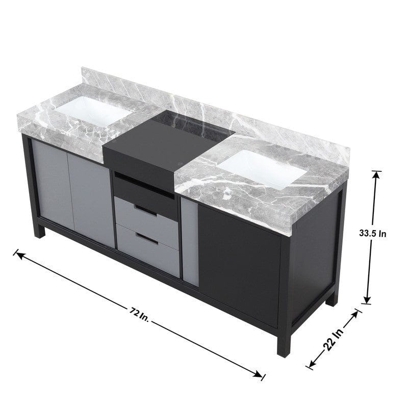 Lexora Vanities Zilara Transitional Black and Grey 72" Double Vanity Set, Cascata Nera Matte Black Faucet Set | LZ342272DLISM28FCM