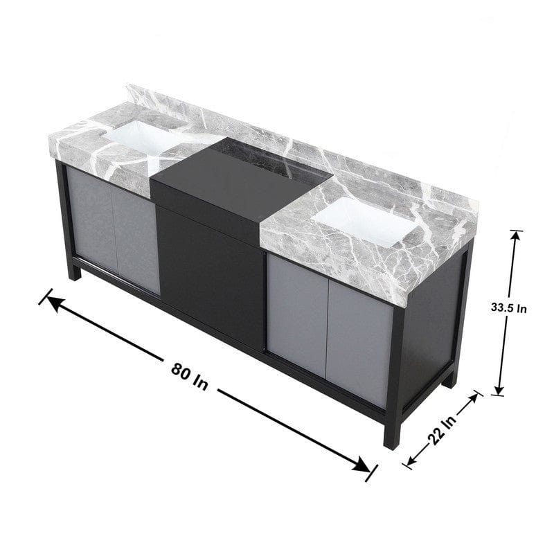 Lexora Vanities Zilara Transitional Black and Grey 80" Double Vanity Set, Cascata Nera Matte Black Faucet Set | LZ342280DLISM30FCM