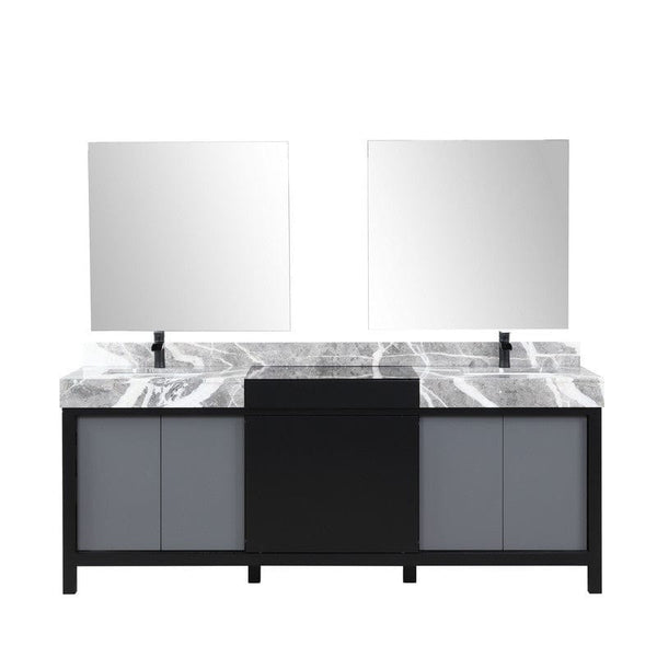 Zilara Transitional Black and Grey 84 Double Vanity Set, Cascata Nera Matte Black Faucet Set | LZ342284DLISM34FCM