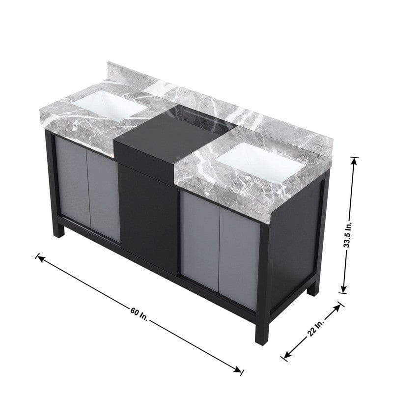 Lexora Vanities Zilara Transitional Black and Grey Double 60" Vanity Set, Cascata Nera Matte Black Faucet Set | LZ342260DLISM28FCM