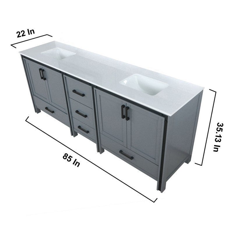 Lexora Vanities Ziva Transitional Dark Grey 84" Double Vanity, Cultured Marble Top, White Square Sink and 34" Mirrors | LZV352284SBJSM34