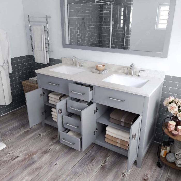 Virtu USA Vanities Caroline Contemporary Gray 60" Double Square Sink Vanity with White Top