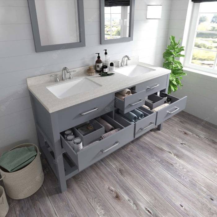 Virtu USA Vanities Caroline Estate Contemporary Gray 60" Double Square Sink Vanity Set w/ Brushed Nickel Faucet