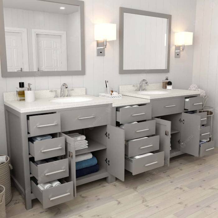 Virtu USA Vanities Caroline Parkway Contemporary Cashmere Gray 93" Double Round Sink Vanity with White Top, Right Offset
