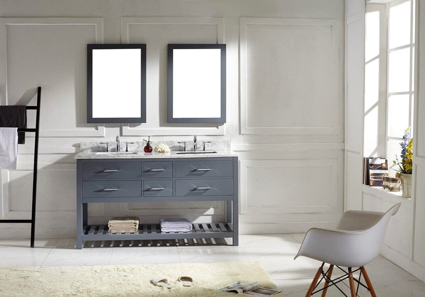 Virtu USA Caroline Estate 60 Double Bathroom Vanity Cabinet Set in Grey w/ Italian Carrara White Marble Counter-Top