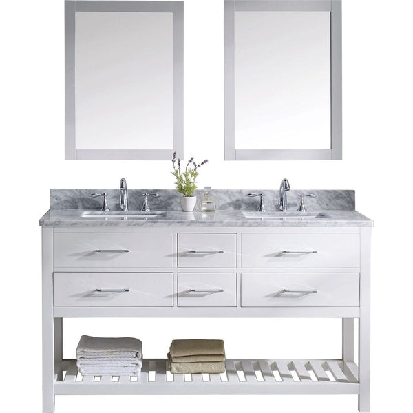 Virtu USA Caroline Estate 60 Double Bathroom Vanity Cabinet Set in White w/ Italian Carrara White Marble Counter-Top
