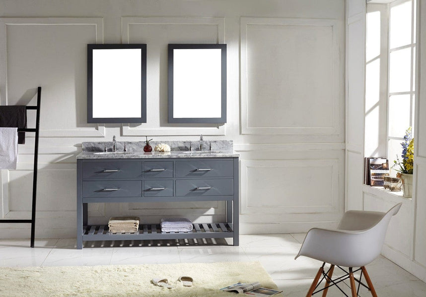 Virtu USA Caroline Estate 60 Double Bathroom Vanity Cabinet Set in Grey w/ Italian Carrara White Marble Counter-Top, Round Basin