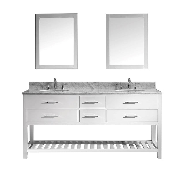 Virtu USA Caroline Estate 72 Double Bathroom Vanity Cabinet Set in White w/ Italian Carrara White Marble Counter-Top, Round Basin