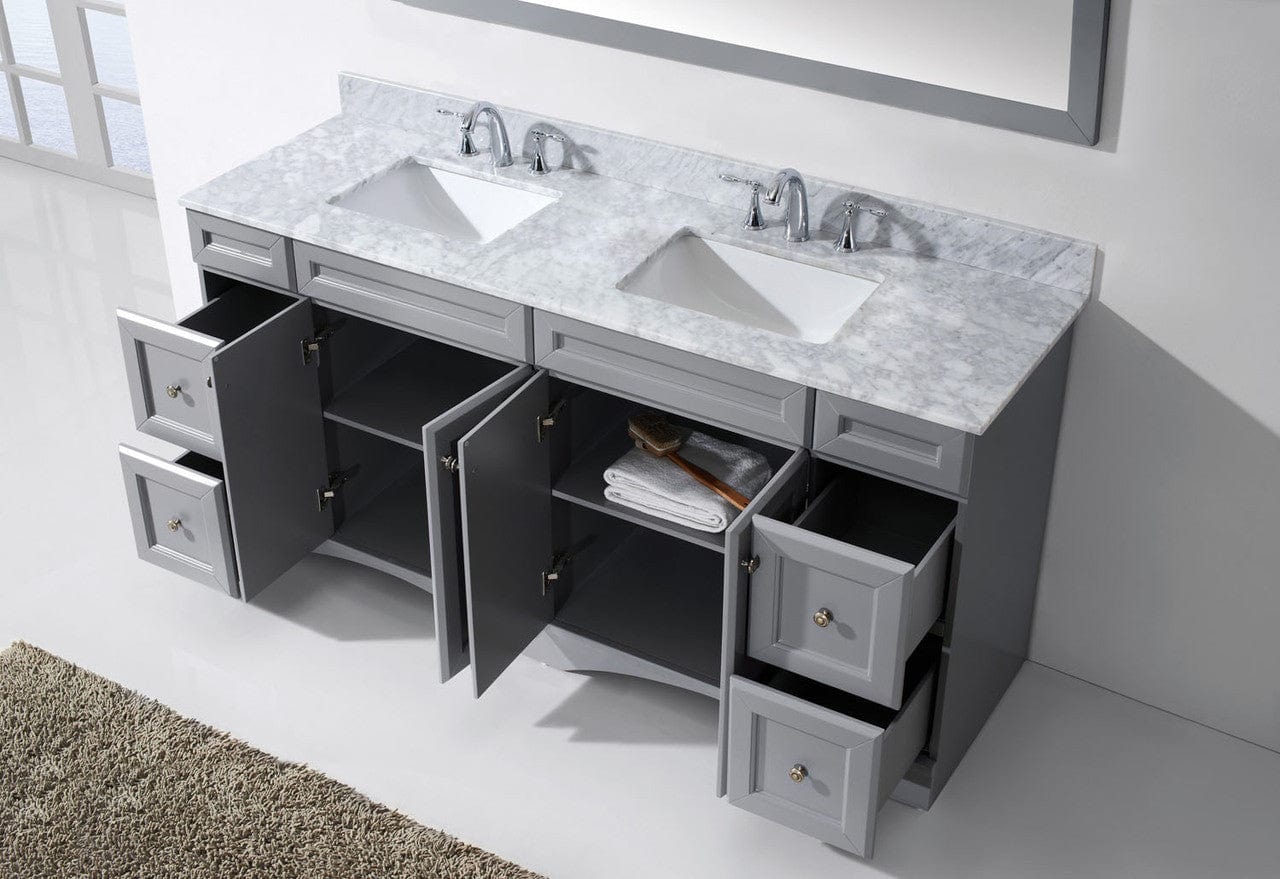 Virtu USA Vanities NO MIRROR Virtu USA Talisa 72 Double Bathroom Vanity Set in Grey w/ Italian Carrara White Marble Counter-Top | Square Basin
