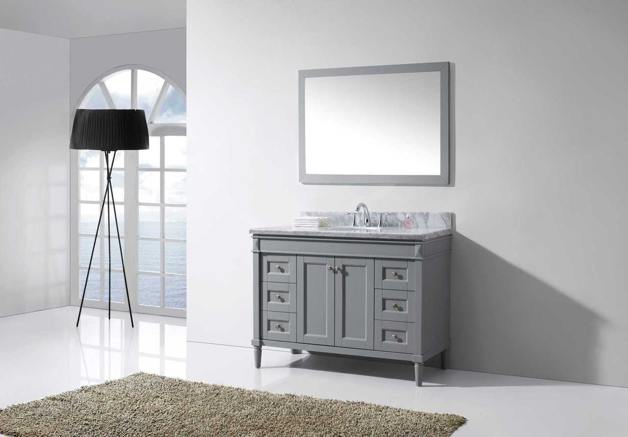 Virtu USA Vanities NO MIRROR Virtu USA Tiffany 48 Single Bathroom Vanity Set in Grey w/ Italian Carrara White Marble Counter-Top | Round Basin