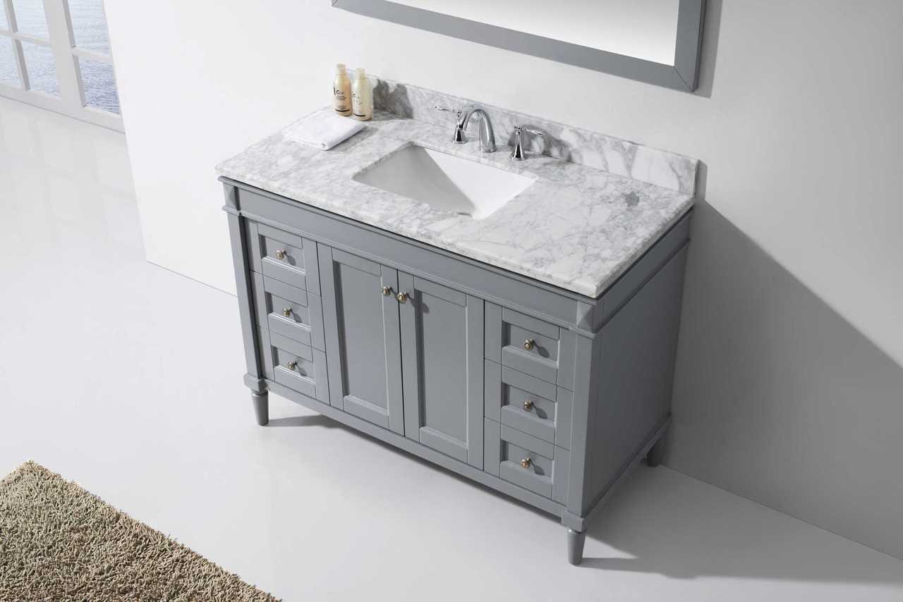 Virtu USA Tiffany 48 Single Bathroom Vanity Set in Grey w/ Italian Carrara White Marble Counter-Top | Square Basin