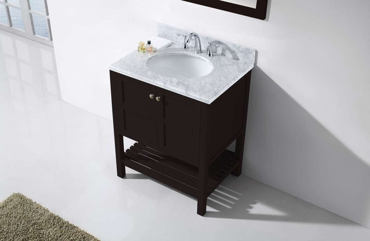 Virtu USA Vanities NO MIRROR Virtu USA Winterfell 30 Single Bathroom Vanity Set in Espresso w/ Italian Carrara White Marble Counter-Top | Round Basin