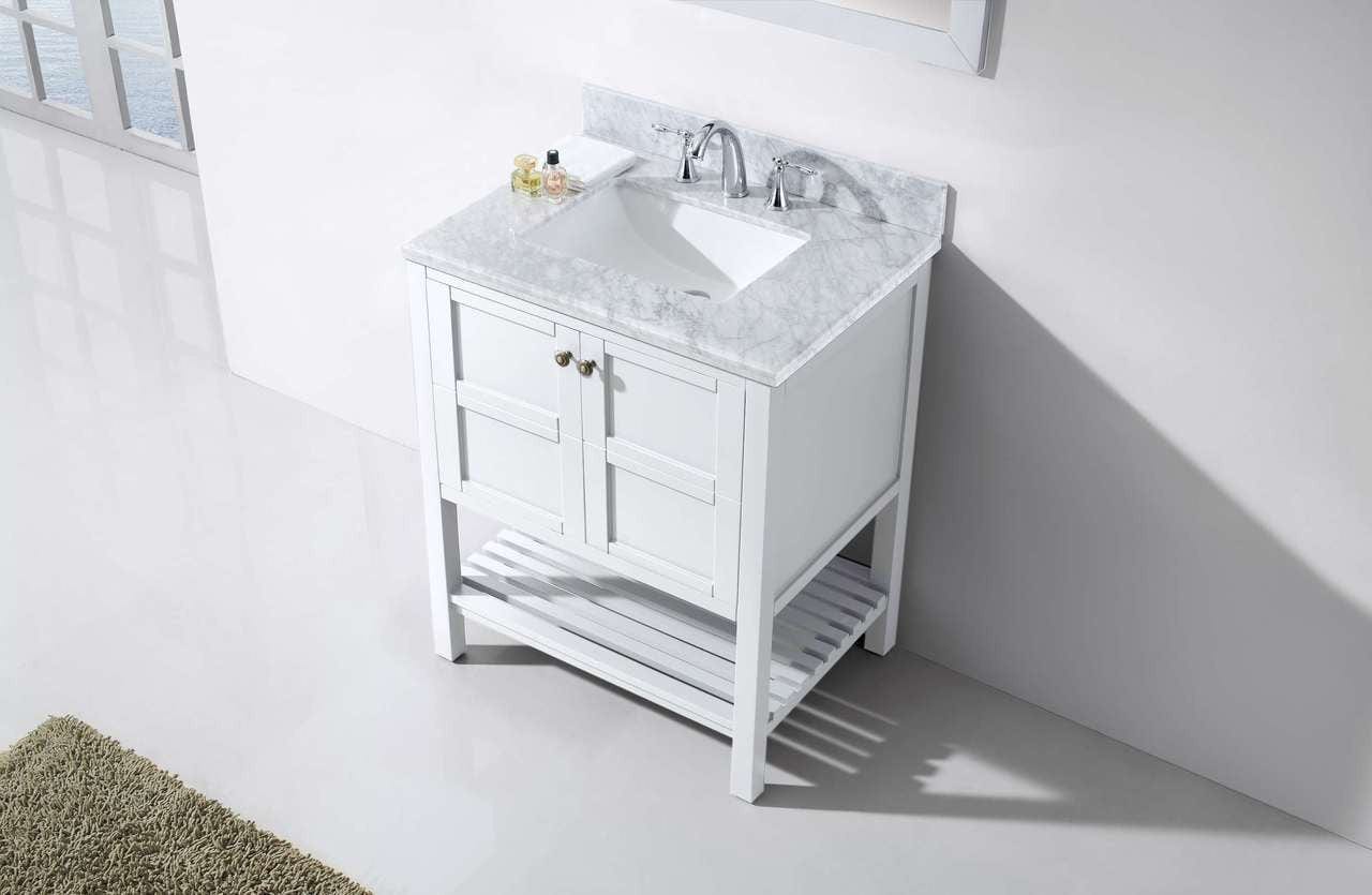 Virtu USA Vanities NO MIRROR Virtu USA Winterfell 30 Single Bathroom Vanity Set in White w/ Italian Carrara White Marble Counter-Top | Square Basin