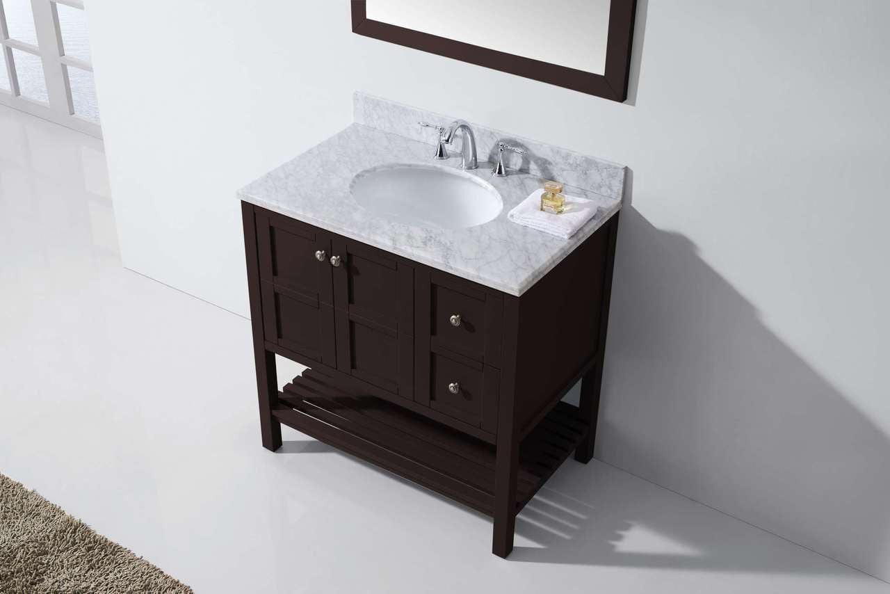 Virtu USA Vanities NO MIRROR Virtu USA Winterfell 36 Single Bathroom Vanity Set in Espresso w/ Italian Carrara White Marble Counter-Top | Round Basin