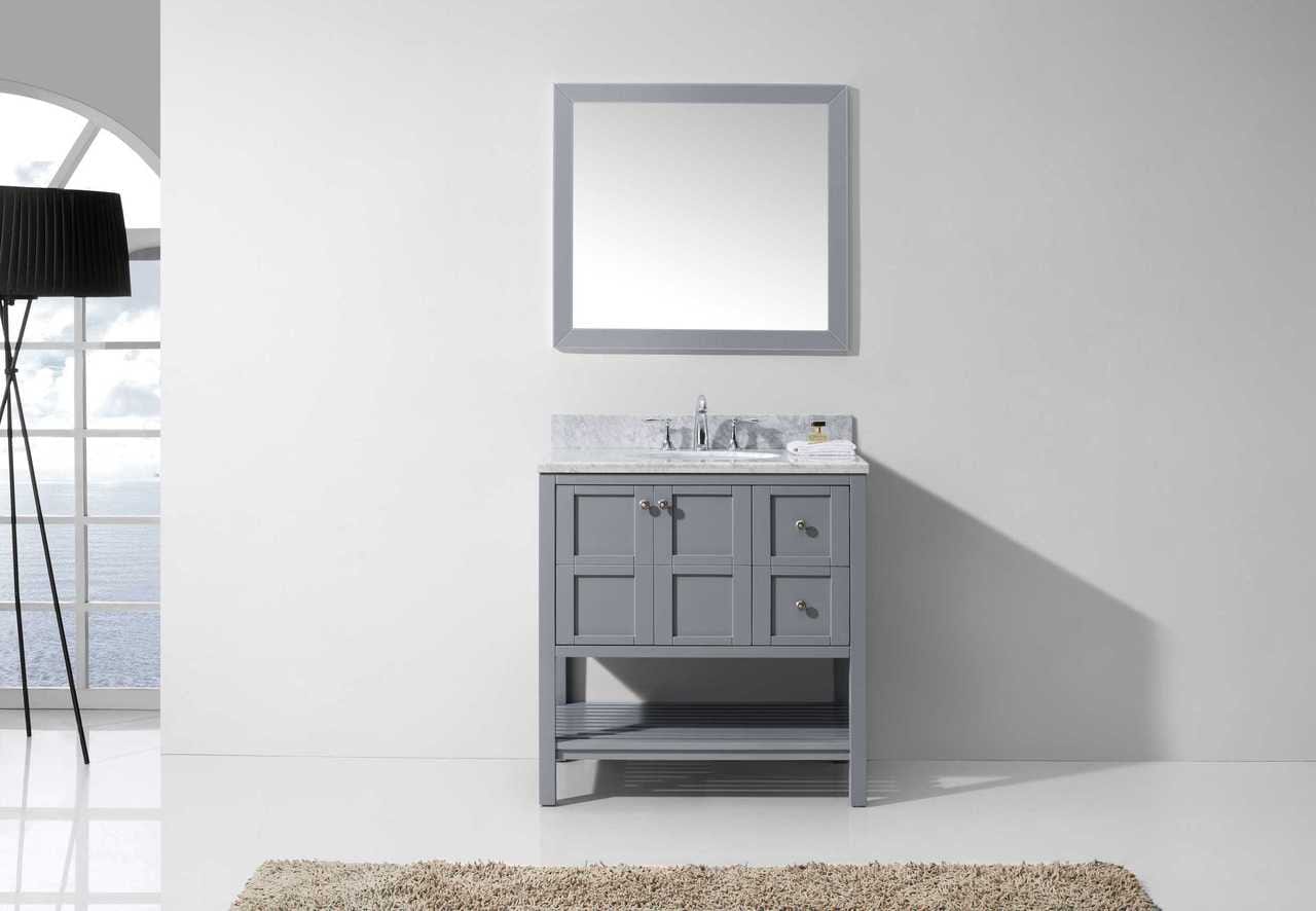Virtu USA Vanities NO MIRROR Virtu USA Winterfell 36 Single Bathroom Vanity Set in Grey w/ Italian Carrara White Marble Counter-Top | Round Basin