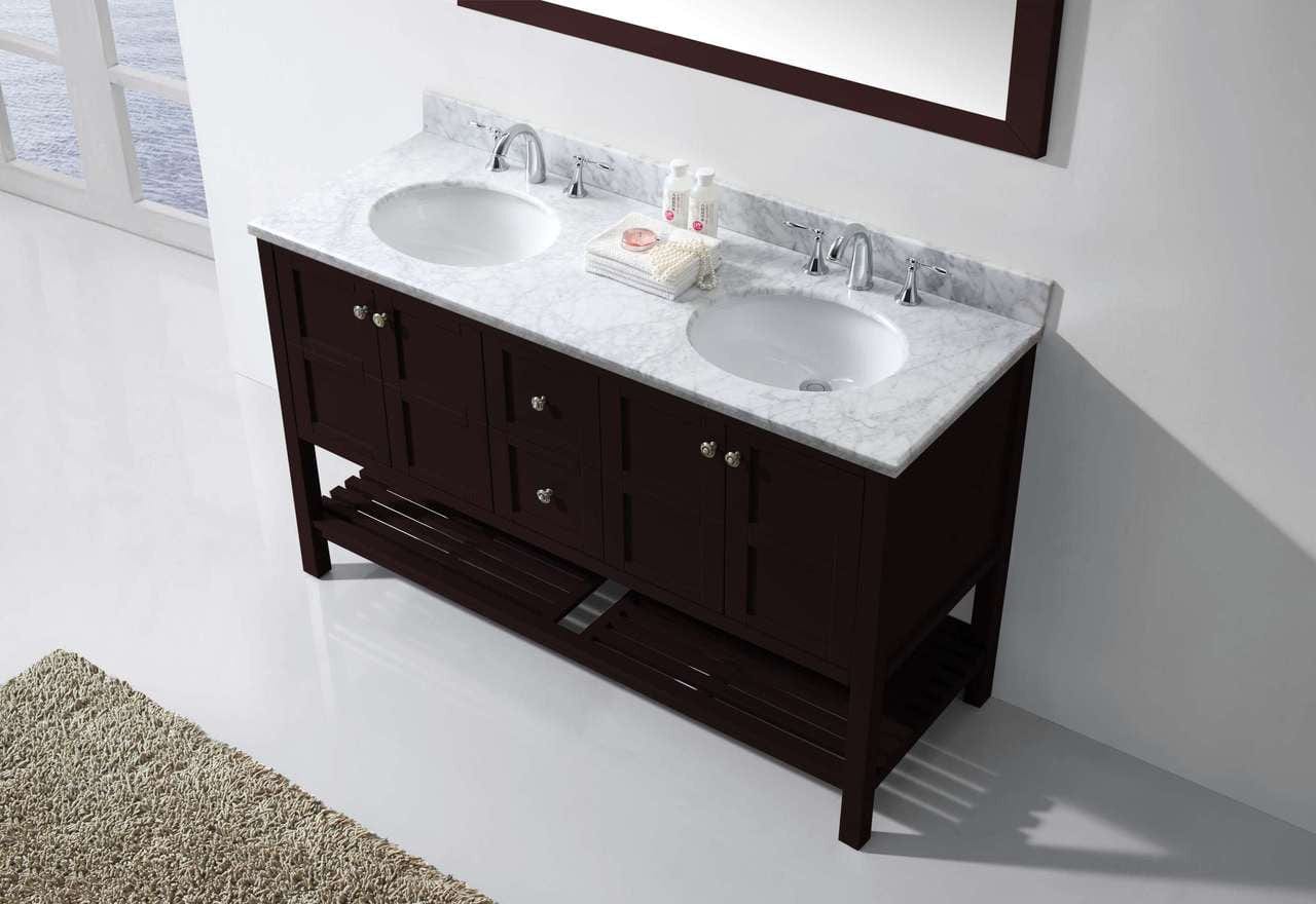 Virtu USA Vanities NO MIRROR Virtu USA Winterfell 60 Double Bathroom Vanity Set in Espresso w/ Italian Carrara White Marble Counter-Top | Round Basin