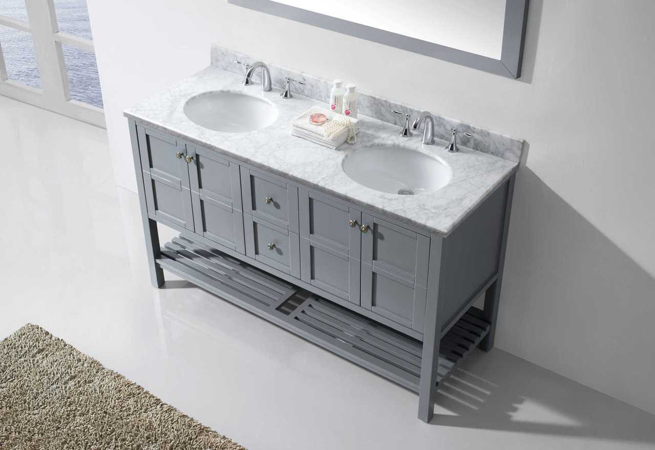 Virtu USA Winterfell 60 Double Bathroom Vanity Set in Grey w/ Italian Carrara White Marble Counter-Top | Round Basin