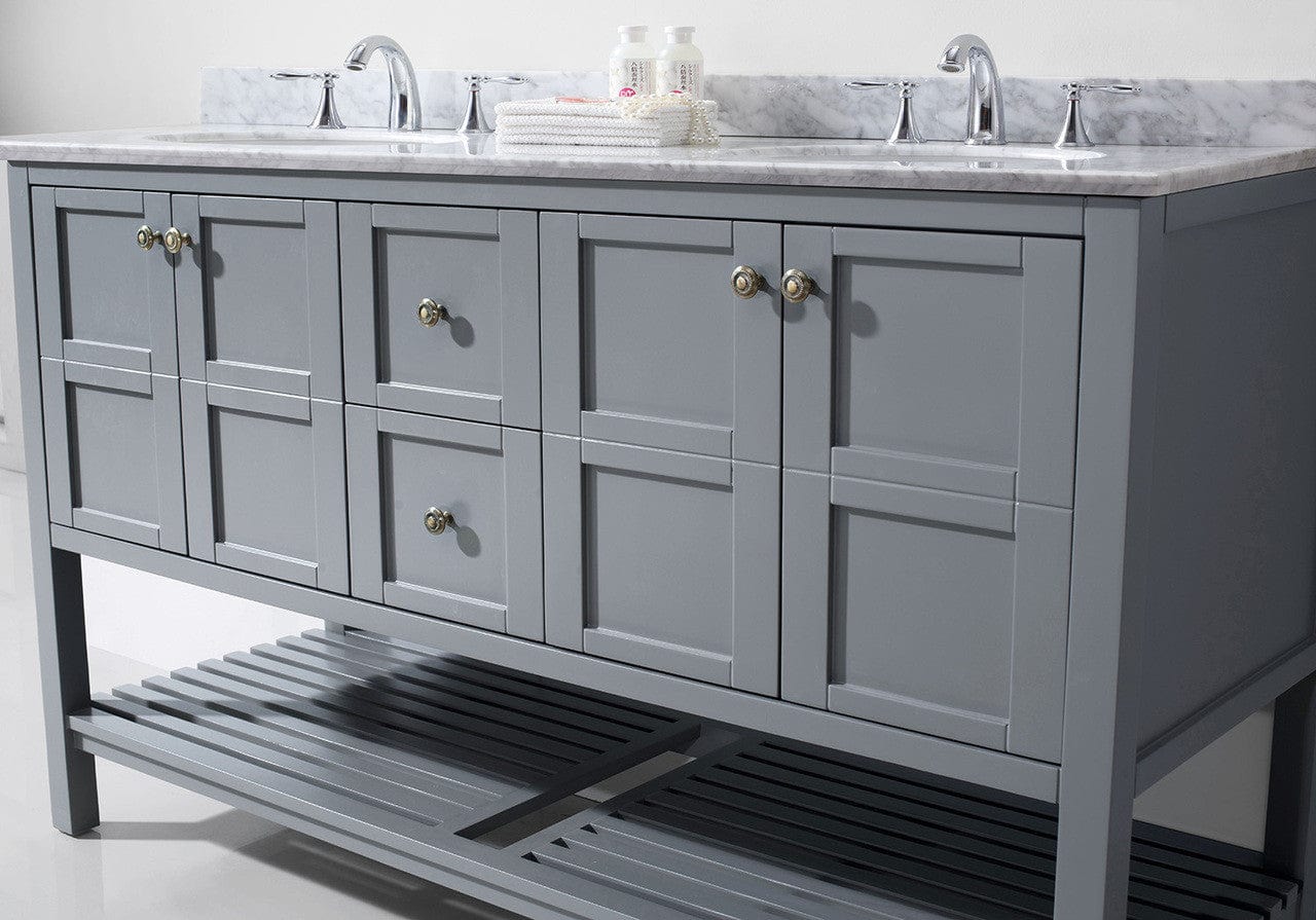Virtu USA Vanities NO MIRROR Virtu USA Winterfell 60 Double Bathroom Vanity Set in Grey w/ Italian Carrara White Marble Counter-Top | Round Basin
