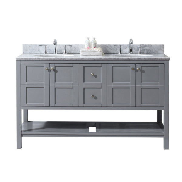 Virtu USA Winterfell 60 Double Bathroom Vanity Set in Grey w/ Italian Carrara White Marble Counter-Top