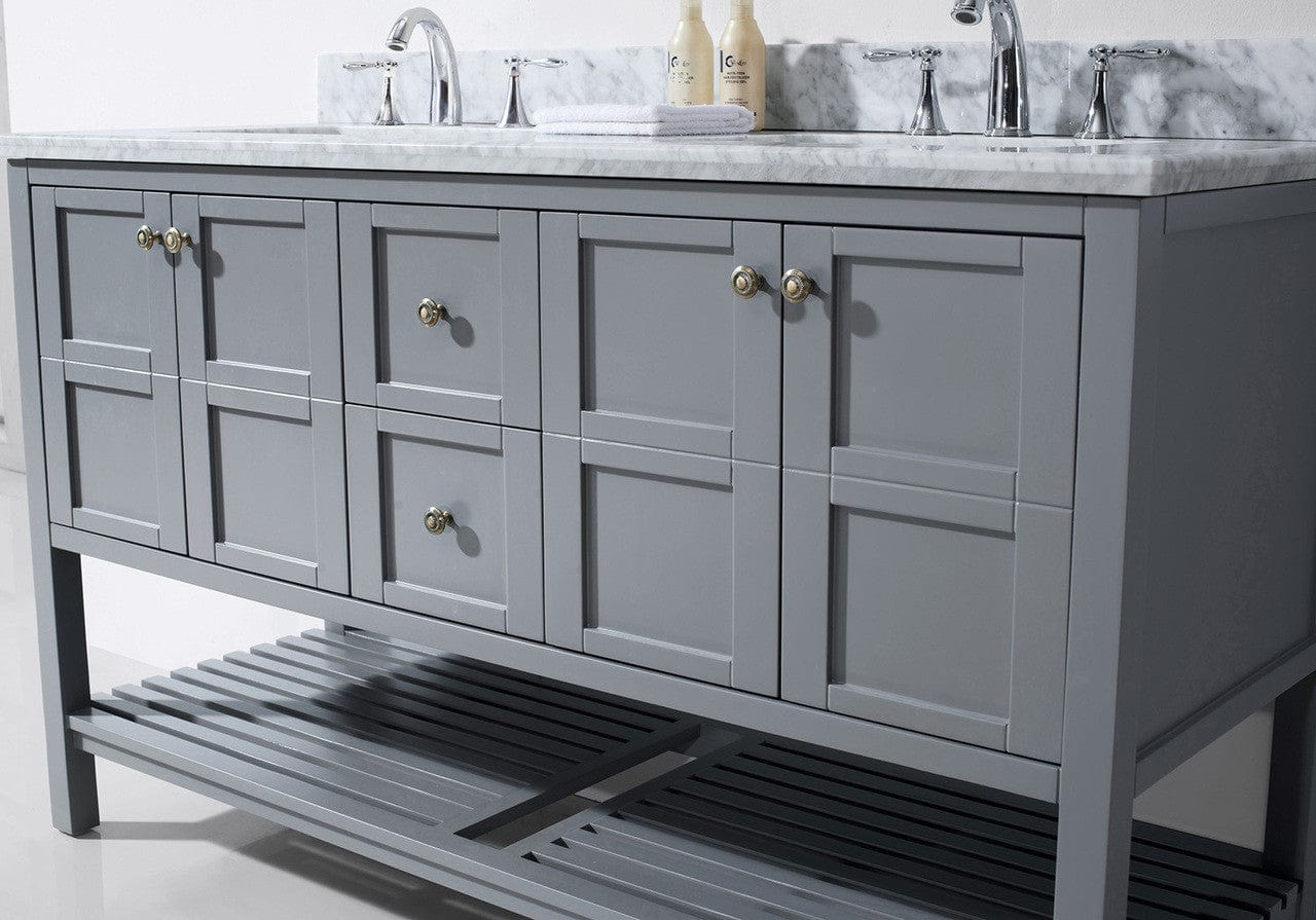 Virtu USA Vanities NO MIRROR Virtu USA Winterfell 60 Double Bathroom Vanity Set in Grey w/ Italian Carrara White Marble Counter-Top | Square Basin