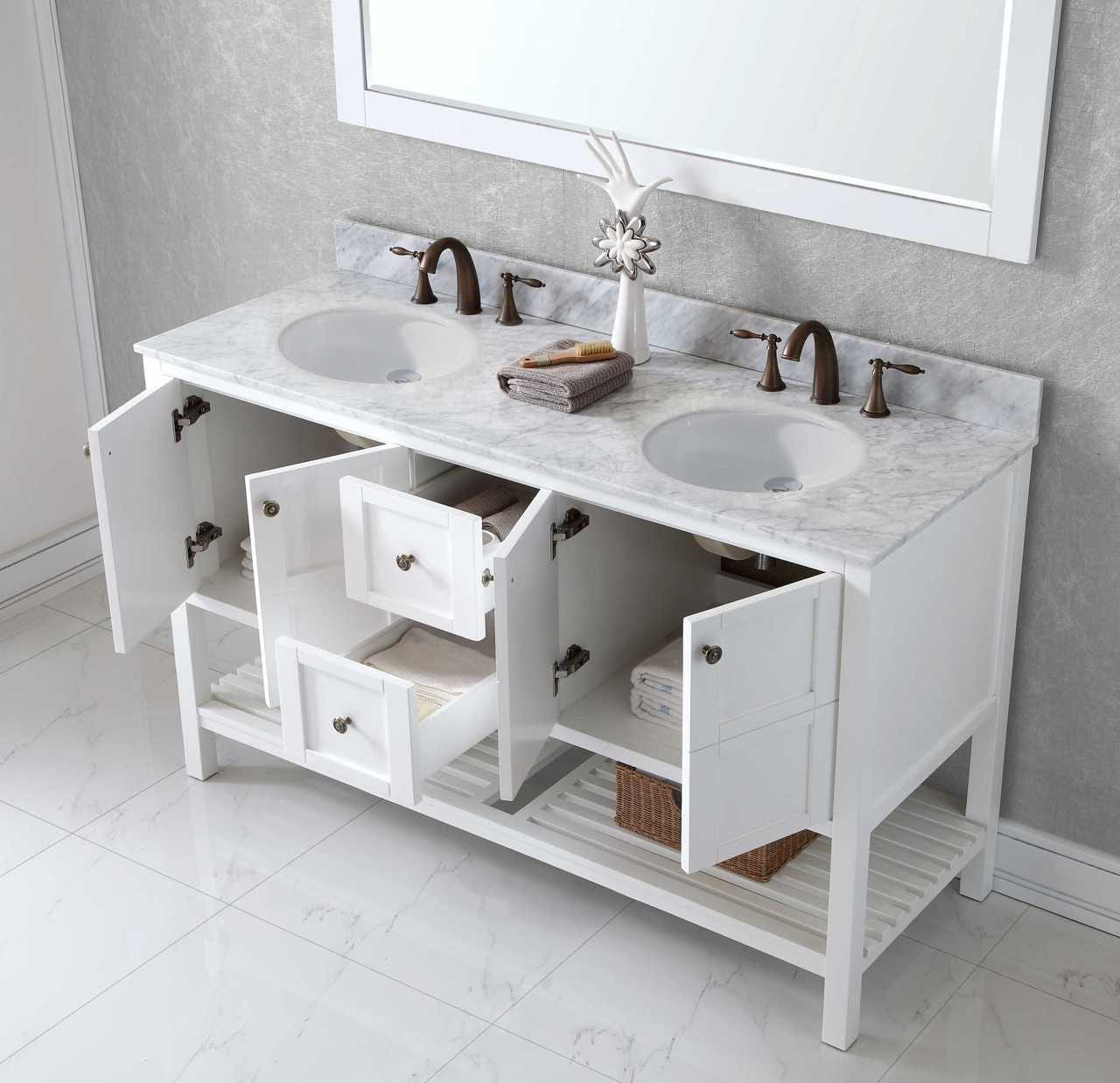 Virtu USA Winterfell 60 Double Bathroom Vanity Set in White w/ Italian Carrara White Marble Counter-Top | Round Basin