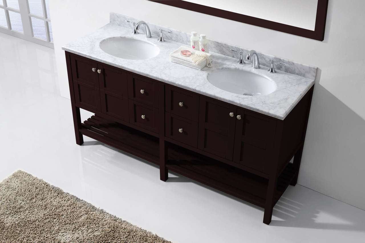 Virtu USA Winterfell 72 Double Bathroom Vanity Set in Espresso w/ Italian Carrara White Marble Counter-Top | Round Basin