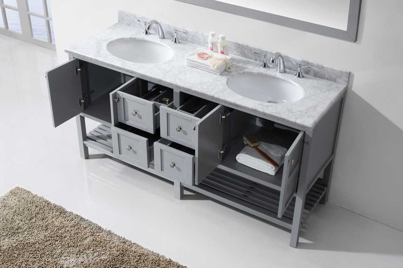 Virtu USA Vanities NO MIRROR Virtu USA Winterfell 72 Double Bathroom Vanity Set in Grey w/ Italian Carrara White Marble Counter-Top | Round Basin