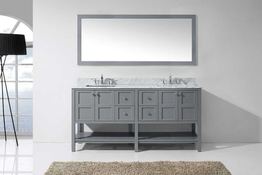 Virtu USA Winterfell 72 Double Bathroom Vanity Set in Grey w/ Italian Carrara White Marble Counter-Top | Square Basin