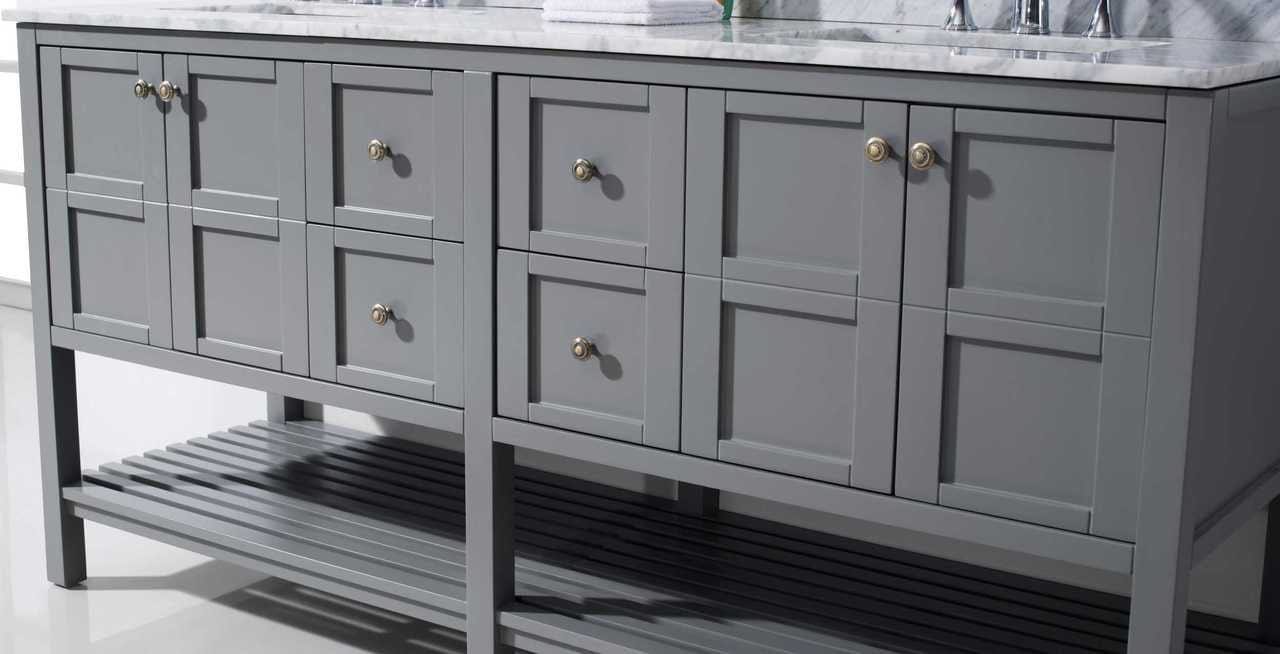 Virtu USA Vanities NO MIRROR Virtu USA Winterfell 72 Double Bathroom Vanity Set in Grey w/ Italian Carrara White Marble Counter-Top | Square Basin