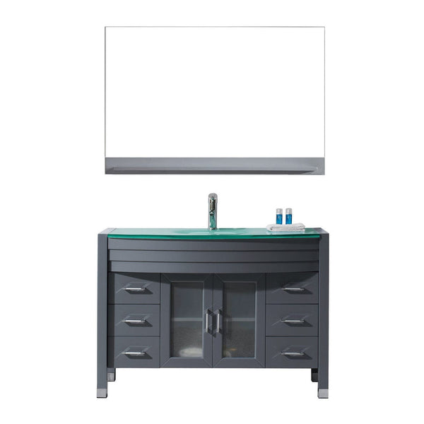 Virtu USA Ava 48 Single Bathroom Vanity Set in Grey w/ Tempered Glass Counter-Top | Round Basin