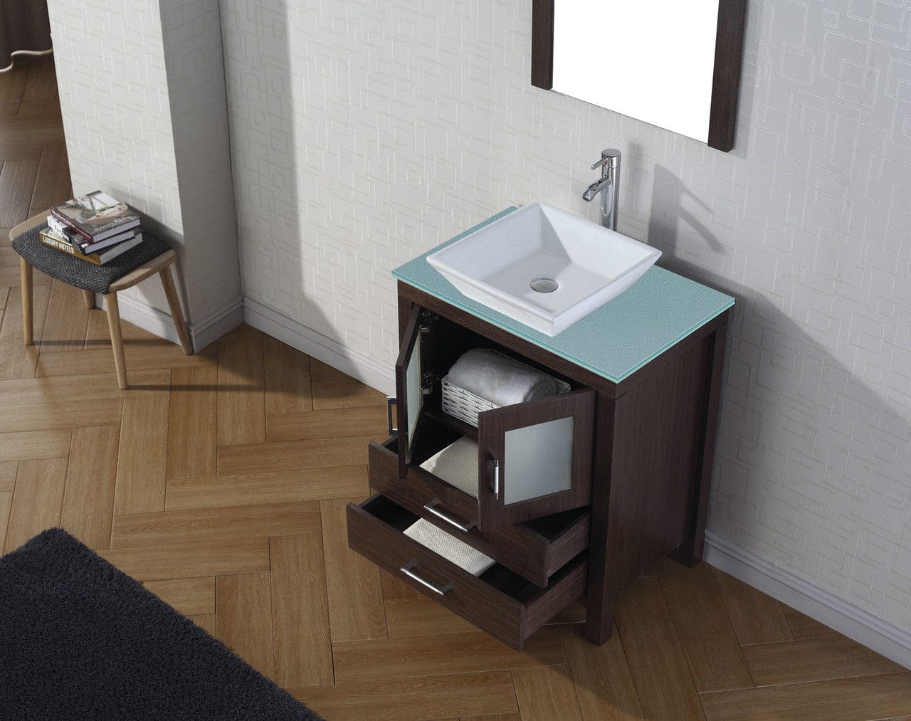 Virtu USA Vanities PS-103-BN Virtu USA Dior 28 Single Bathroom Vanity in Espresso w/ Aqua Tempered Glass Top & Square Sink