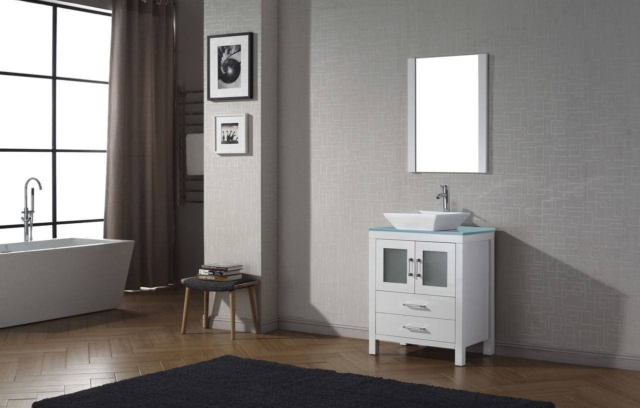 Virtu USA Dior 28 Single Bathroom Vanity in White w/ Aqua Tempered Glass Top & Square Sink