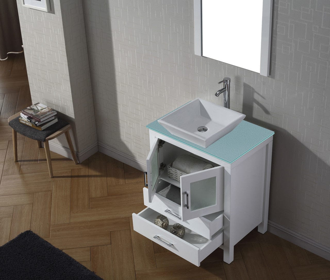 Virtu USA Dior 28 Single Bathroom Vanity in White w/ Aqua Tempered Glass Top & Square Sink