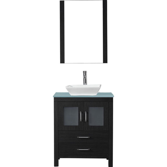 Virtu USA Dior 28" Single Bathroom Vanity in Zebra Grey w/ Aqua Tempered Glass Top & Square Sink w/ Polished Chrome Faucet & Mirror