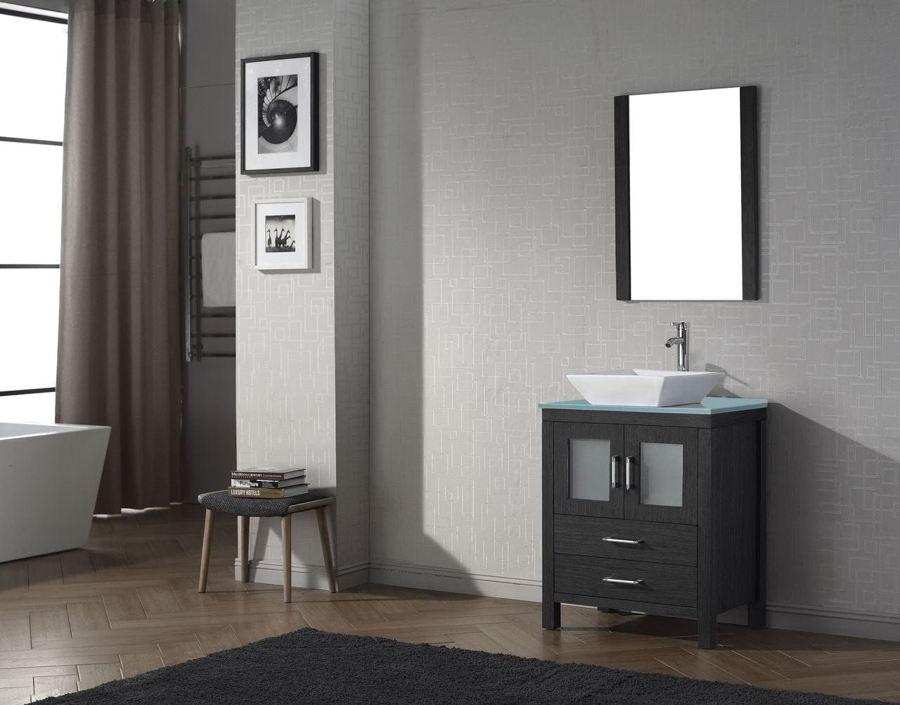 Virtu USA Dior 28 Single Bathroom Vanity in Zebra Grey w/ Aqua Tempered Glass Top & Square Sink w/ Polished Chrome Faucet & Mirror