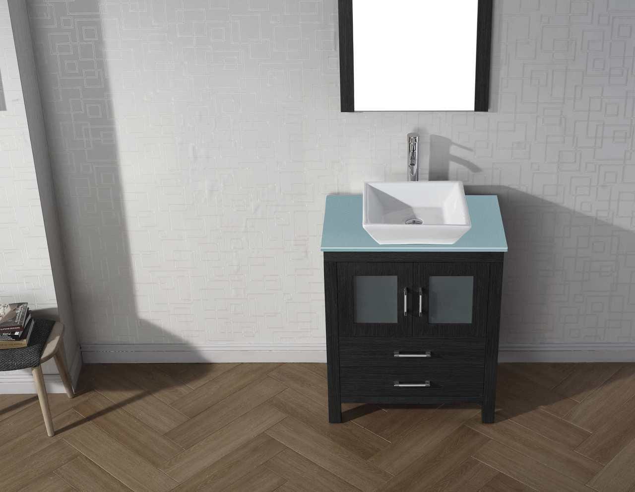Virtu USA Dior 28 Single Bathroom Vanity in Zebra Grey w/ Aqua Tempered Glass Top & Square Sink w/ Polished Chrome Faucet & Mirror