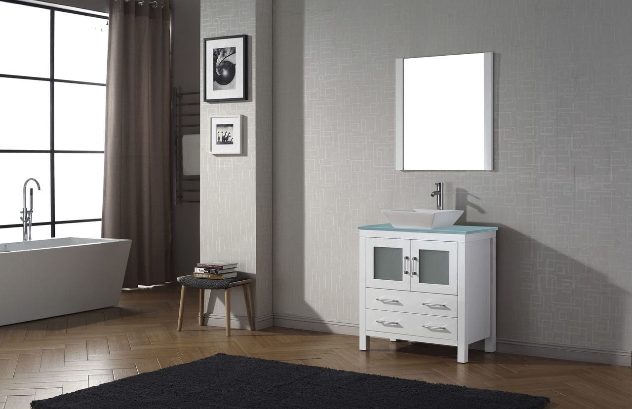 Virtu USA Dior 36 Single Bathroom Vanity in White w/ Aqua Tempered Glass Top & Square Sink w/ Polished Chrome Faucet & Mirror