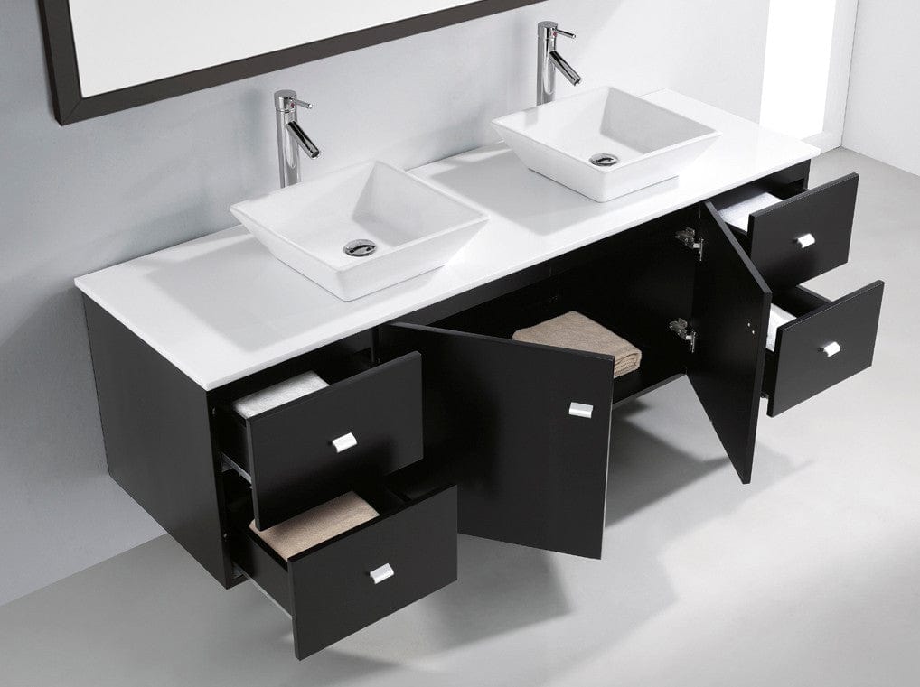Virtu USA Clarissa 72 Double Bathroom Vanity Set in Espresso w/ White Artificial Stone Counter-Top cabinets open
