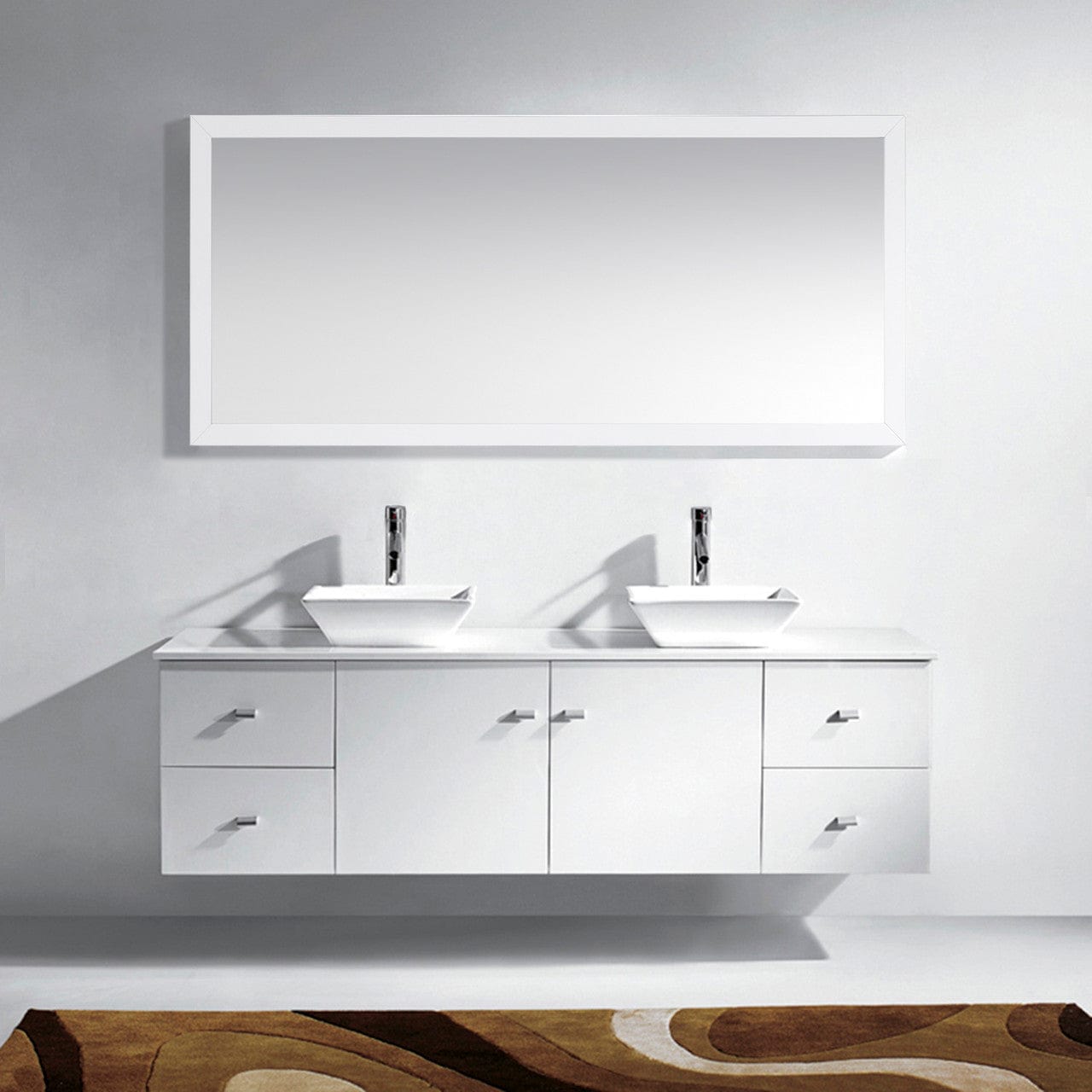  Virtu USA Clarissa 72 Double Bathroom Vanity Set in White w/ White Stone Counter-Top | Square Basin front view close up