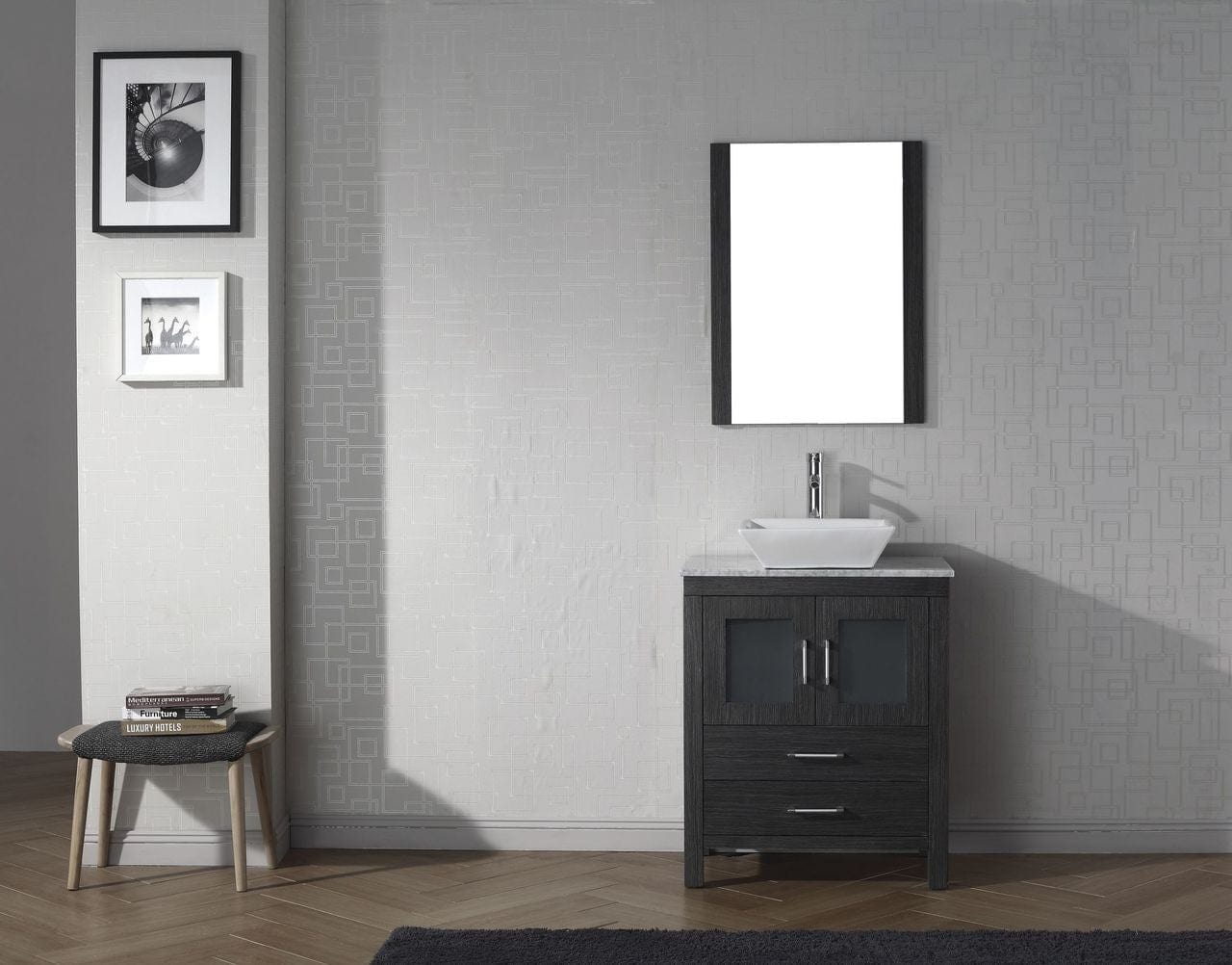 Virtu USA Dior 24 Single Bathroom Vanity Set in Zebra Grey w/ Italian Carrara White Marble Counter-Top | Vessel Sink
