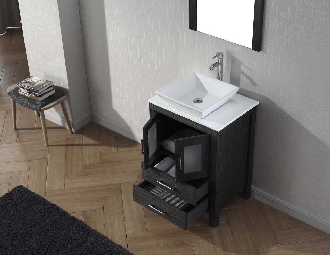 Virtu USA Vanities PS-104-BN Virtu USA Dior 24 Single Bathroom Vanity Set in Zebra Grey w/ Pure White Stone Counter-Top | Vessel Sink