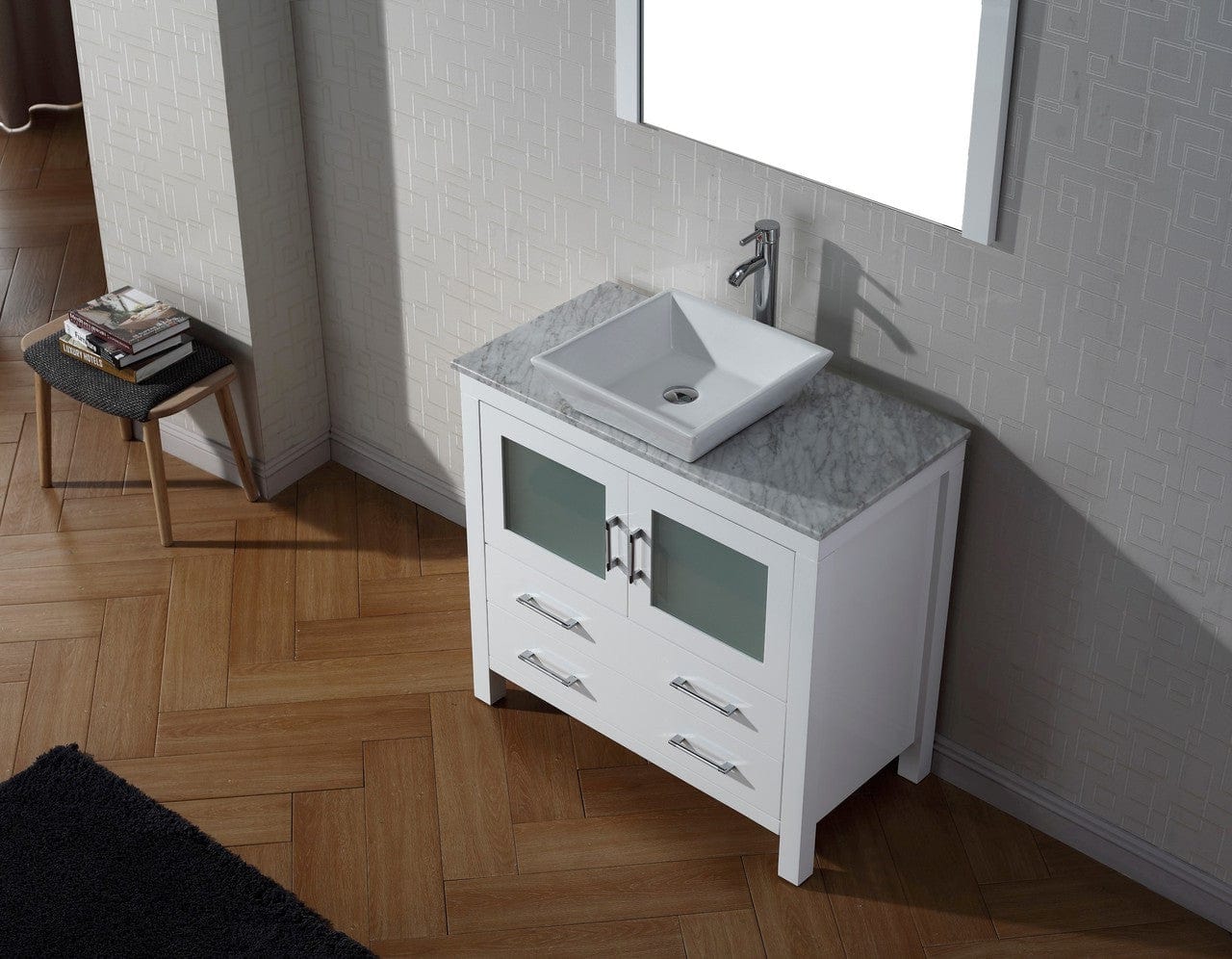 Virtu USA Vanities PS-104-BN Virtu USA Dior 32 Single Bathroom Vanity Set in White w/ Italian Carrara White Marble Counter-Top | Vessel Sink