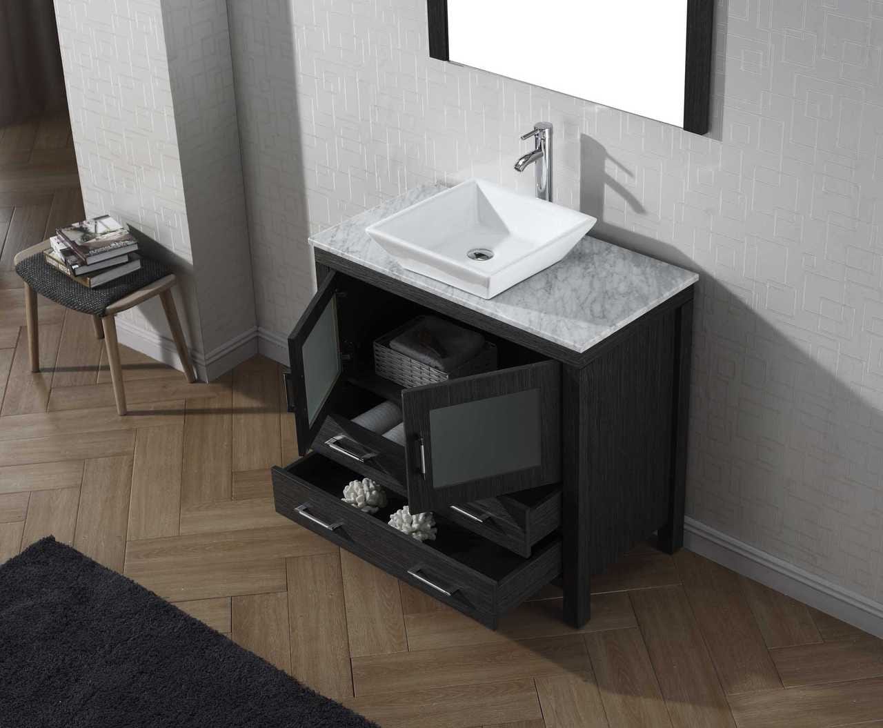 Virtu USA Vanities PS-104-BN Virtu USA Dior 36 Single Bathroom Vanity Set in Zebra Grey w/ Italian Carrara White Marble Counter-Top | Vessel Sink