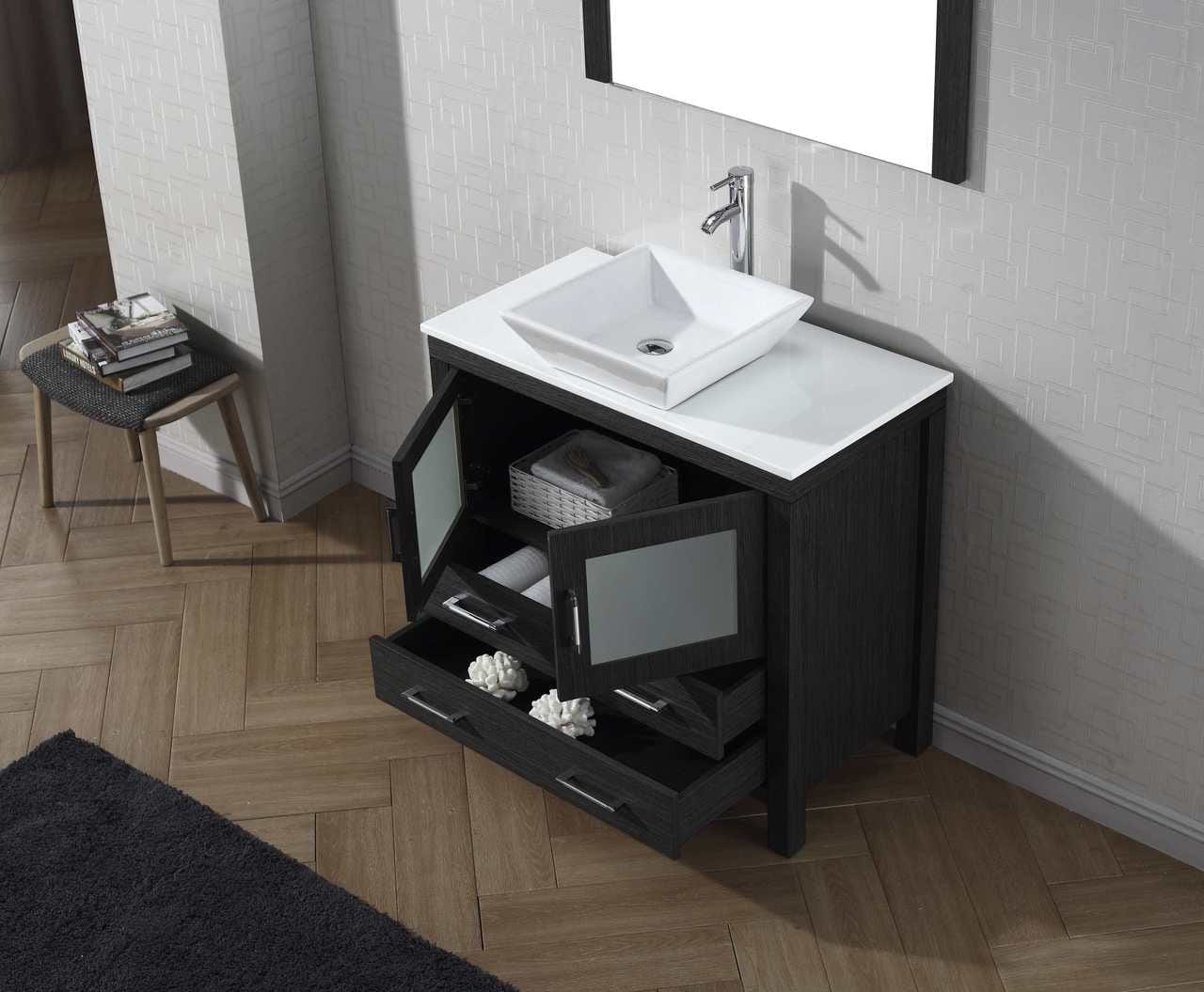 Virtu USA Vanities PS-104-BN Virtu USA Dior 36 Single Bathroom Vanity Set in Zebra Grey w/ Pure White Stone Counter-Top | Vessel Sink