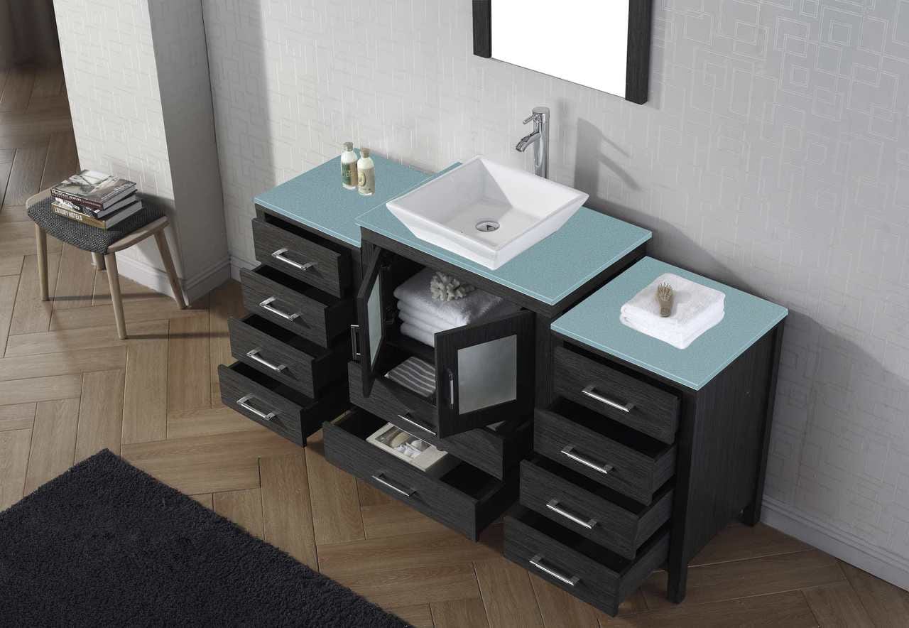 Virtu USA Dior 64 Single Bathroom Vanity Set in Zebra Grey w/ Tempered Glass Counter-Top | Vessel Sink