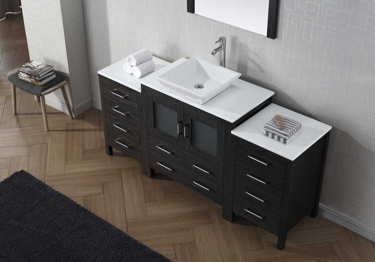 Virtu USA Dior 68 Single Bathroom Vanity Set in Zebra Grey w/ Pure White Stone Counter-Top | Vessel Sink