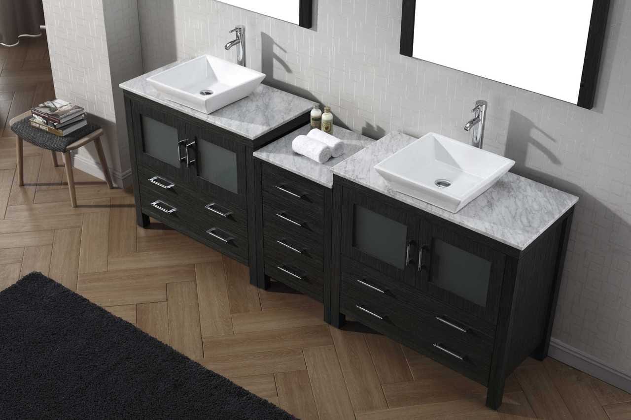 Virtu USA Vanities PS-104-BN Virtu USA Dior 90 Double Bathroom Vanity Set in Zebra Grey w/ Italian Carrara White Marble Counter-Top | Vessel Sink