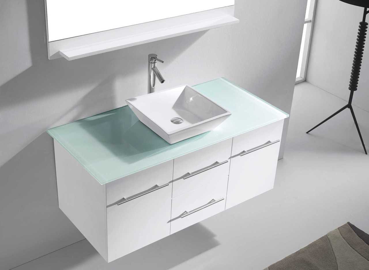 Virtu USA Vanities PS-104-BN Virtu USA Marsala 48 Single Bathroom Vanity Set in White w/ Tempered Glass Counter-Top | Square Basin